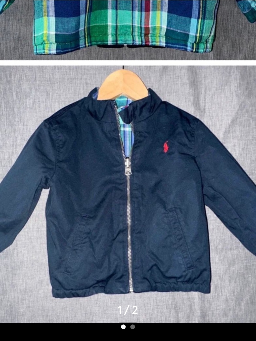 Ralph Lauren Reversible Green and Navy Plaid Zip Jacket